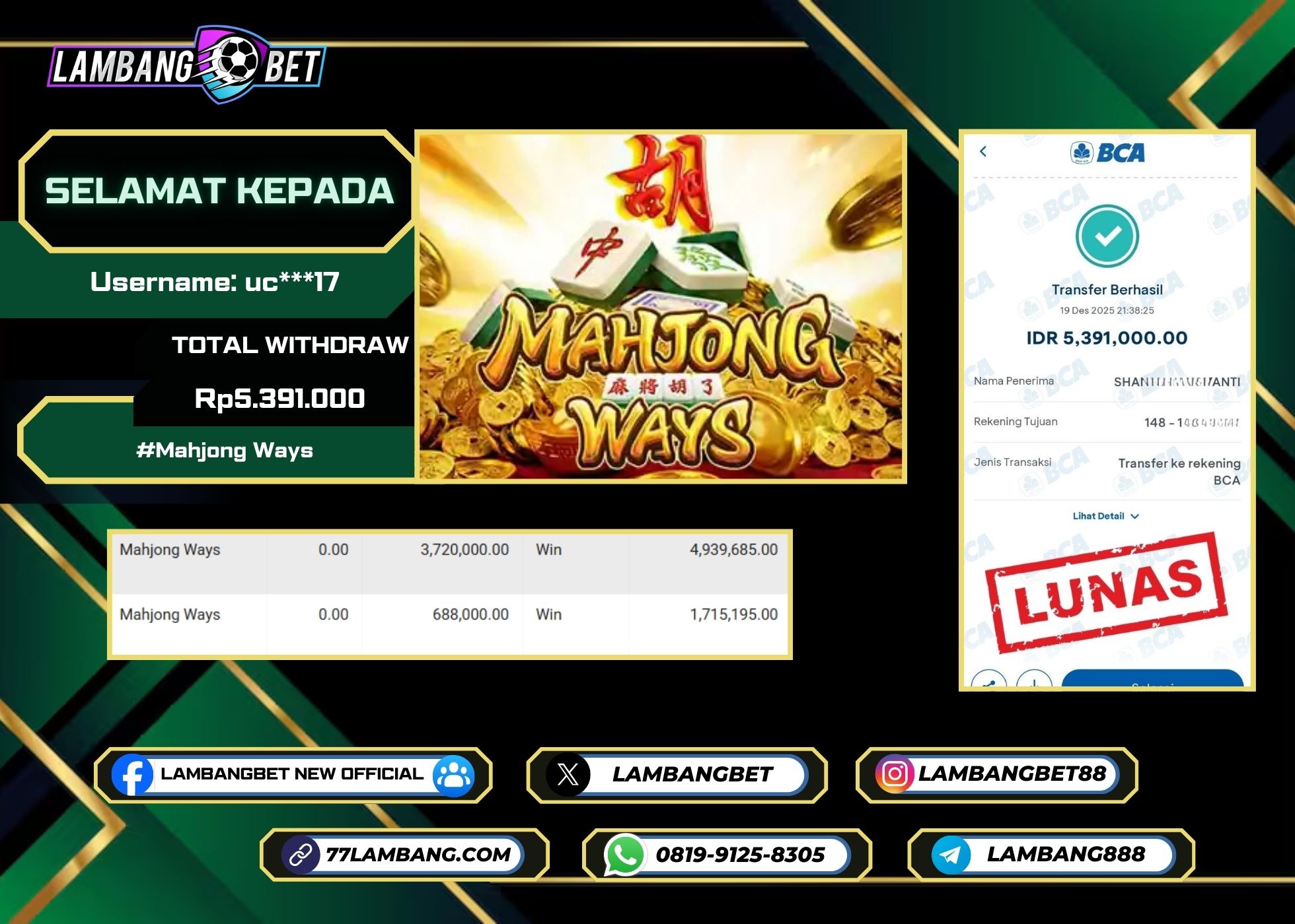 LAMBANGBET [19 DESEMBER 2025] JACKPOT SLOT Mahjong Ways "Rp5.391.000" LUNAS